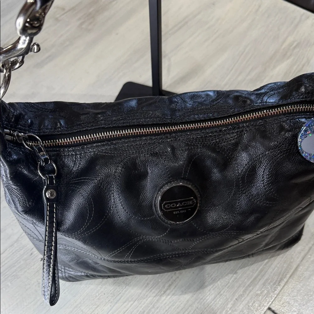 Coach Black Signature Stripe Stitched Leather Hobo Bag with Silver Accents
